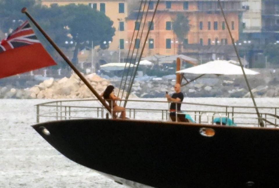 Jeff Bezos takes a photo of Lauren Sanchez on his yacht in Portofino, Italy (GC Images/Getty)