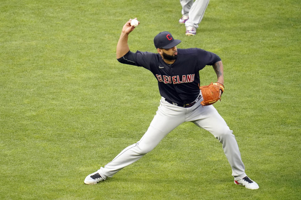 Cleveland Indians pitcher J.C. Mejia throws out Minnesota Twins' Max Kepler after fielding Kepler's short grounder in the fourth inning of a baseball game, Thursday, June 24, 2021, in Minneapolis (AP Photo/Jim Mone)