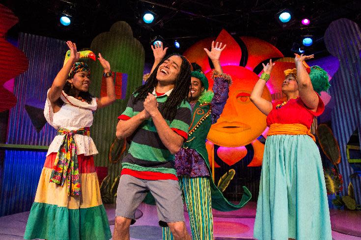 This image released by the New Victory Theater shows, for left, Tara Yates-Reeves, Jobari Parker, David Little and Ayanna Hardy during a performance of "Bob Marley's Three Little Birds," a new musical for kids that features the legendary reggae artist's songs. (AP Photo/New Victory Theater, Michael Horan)