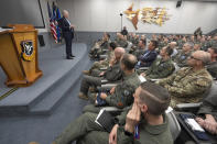 Air Force Secretary Frank Kendal addresses the future role of Artificial Intelligence in air combat at USAF Test Pilot School at Edwards Air Force Base, Calif., on Thursday, May 2, 2024. The X-62A VISTA aircraft, an AI-controlled experimental F-16, flew Kendall in maneuvers that put 5Gs of pressure on his body at speeds exceeding 550 miles an hour. The flight is serving as a public statement of confidence in the future role of AI in air combat. The military is planning to use the technology to operate an unmanned fleet of 1,000 aircraft. (AP Photo/Damian Dovarganes)