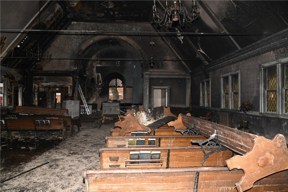 Image:  Damage inside  the Martin Luther King Community Presbyterian Church in Springfield, Mass. following a  fire in December 2020. (FBI)