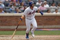 New York Mets' Jeff McNeil watches a two-RBI double in the sixth inning against the Toronto Blue Jays during a baseball game Sunday, July 25, 2021, in New York. (AP Photo/Adam Hunger)