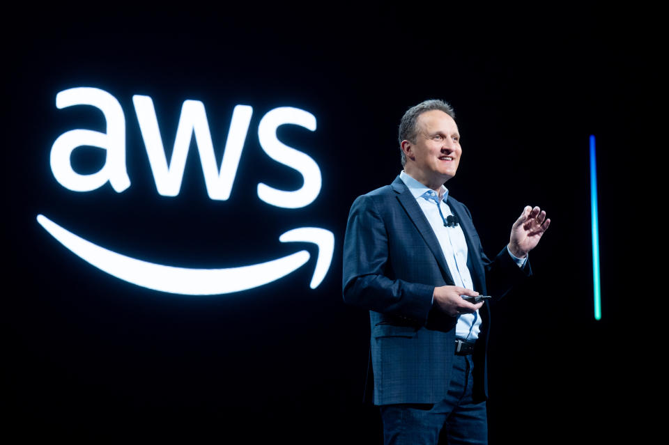 LAS VEGAS, NEVADA - NOVEMBER 28: Amazon Web Services (AWS) CEO Adam Selipsky delivers a keynote address during AWS re:Invent 2023, a conference hosted by Amazon Web Services, at The Venetian Las Vegas on November 28, 2023 in Las Vegas, Nevada. (Photo by Noah Berger/Getty Images for Amazon Web Services)