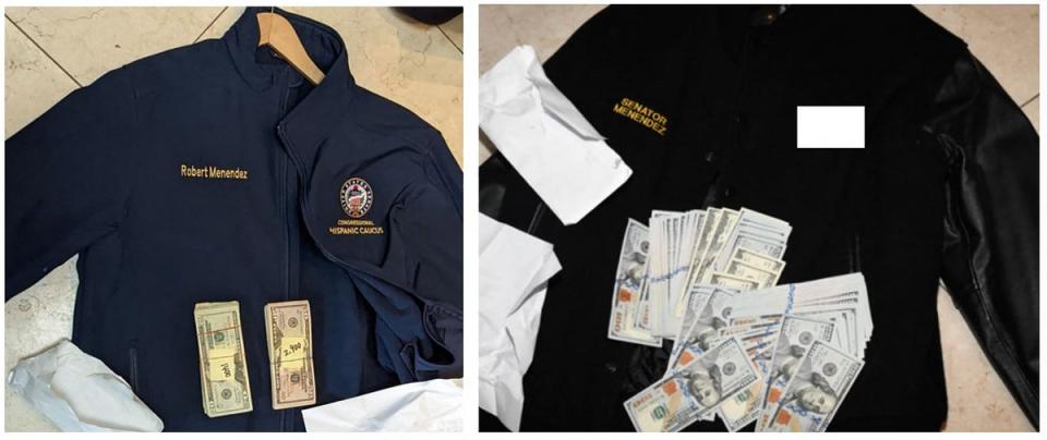 This undated image included in an indictment against Senator Robert Menendez shows money found in jackets belonging to the powerful head of the Senate Foreign Relations Committee. (US Department of Justice)