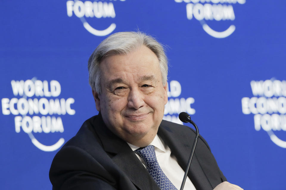 Antonio Guterres, Secretary-General of United Nations addresses the annual meeting of the World Economic Forum in Davos, Switzerland, Thursday, Jan. 24, 2019. (AP Photo/Markus Schreiber)