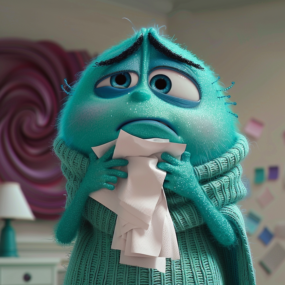 Animated character Me from 'Inside Out' looking worried, holding a piece of paper, with a swirly backdrop