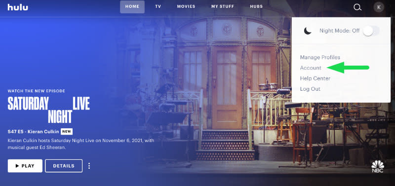 Hulu home screen with account settings