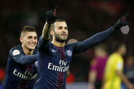 Football Soccer - Paris St Germain v Nantes French Ligue 1 - Parc des Princes, Paris, France - 19/11/16. Paris St Germain's Jese (R) reacts with team mate Marco Verratti after scoring against Nantes. REUTERS/Gonzalo Fuentes