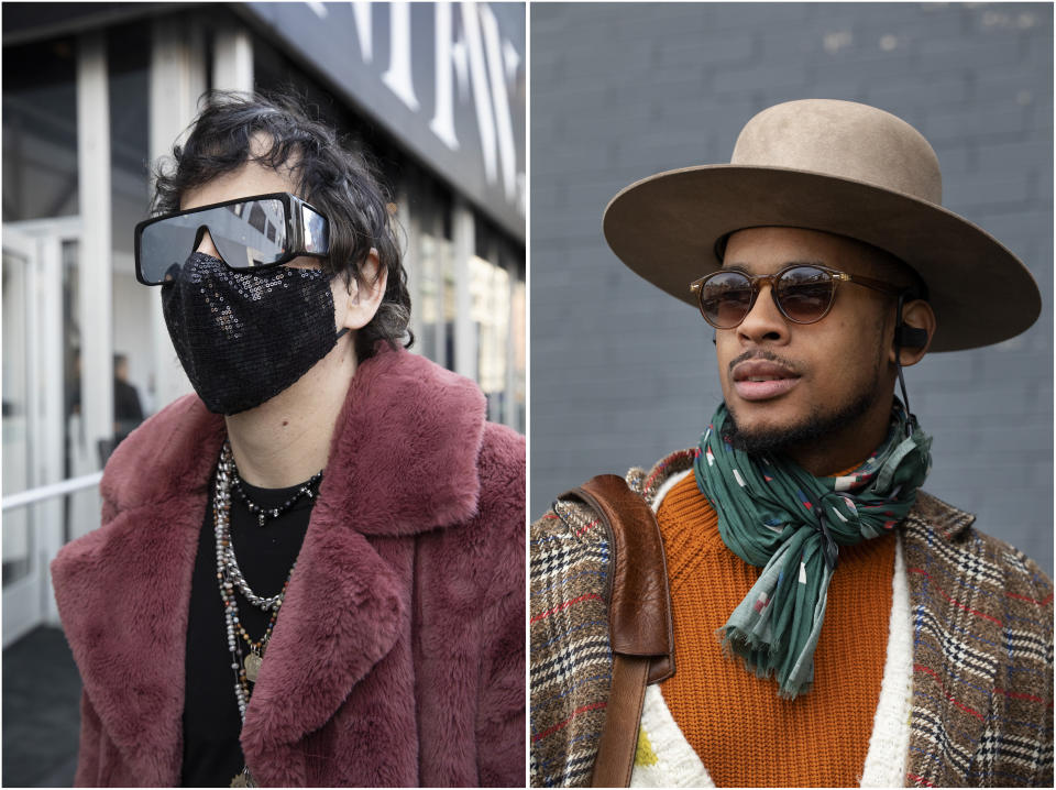 Pablo Starr, left, the owner Fashion Week Online and Karston Tannis pose for photos before attending a show during Fashion Week, Wednesday, Feb. 12, 2020, in New York. (AP Photo/Mark Lennihan)