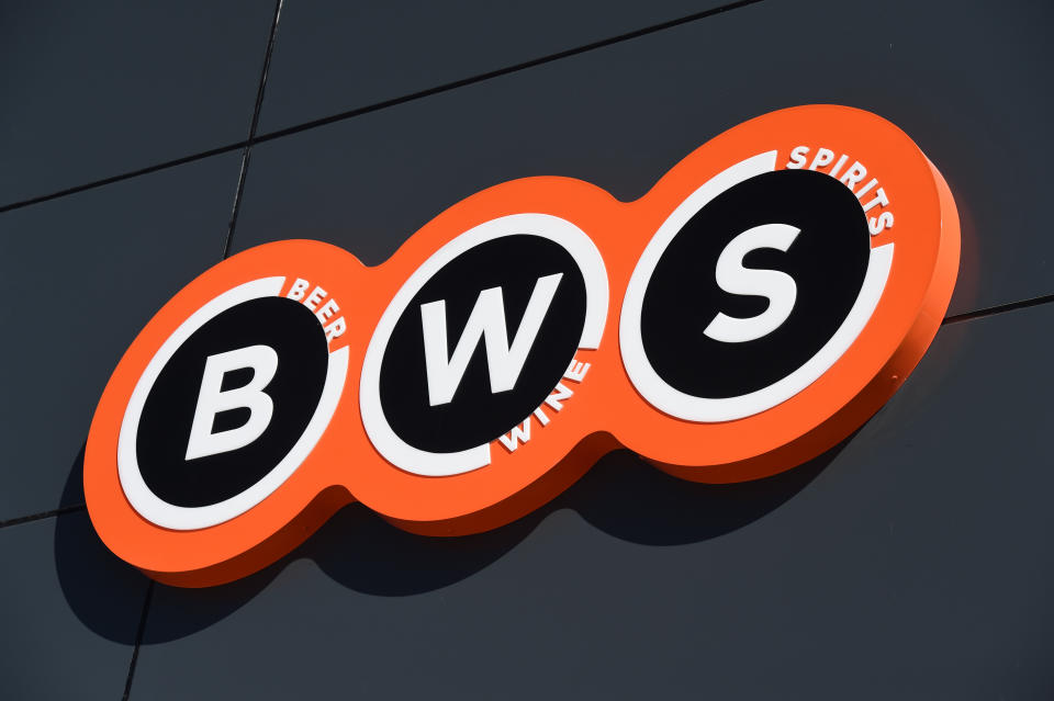 The logo of a BWS bottle shop which is owned by Woolworths supermarkets. Source: AAP