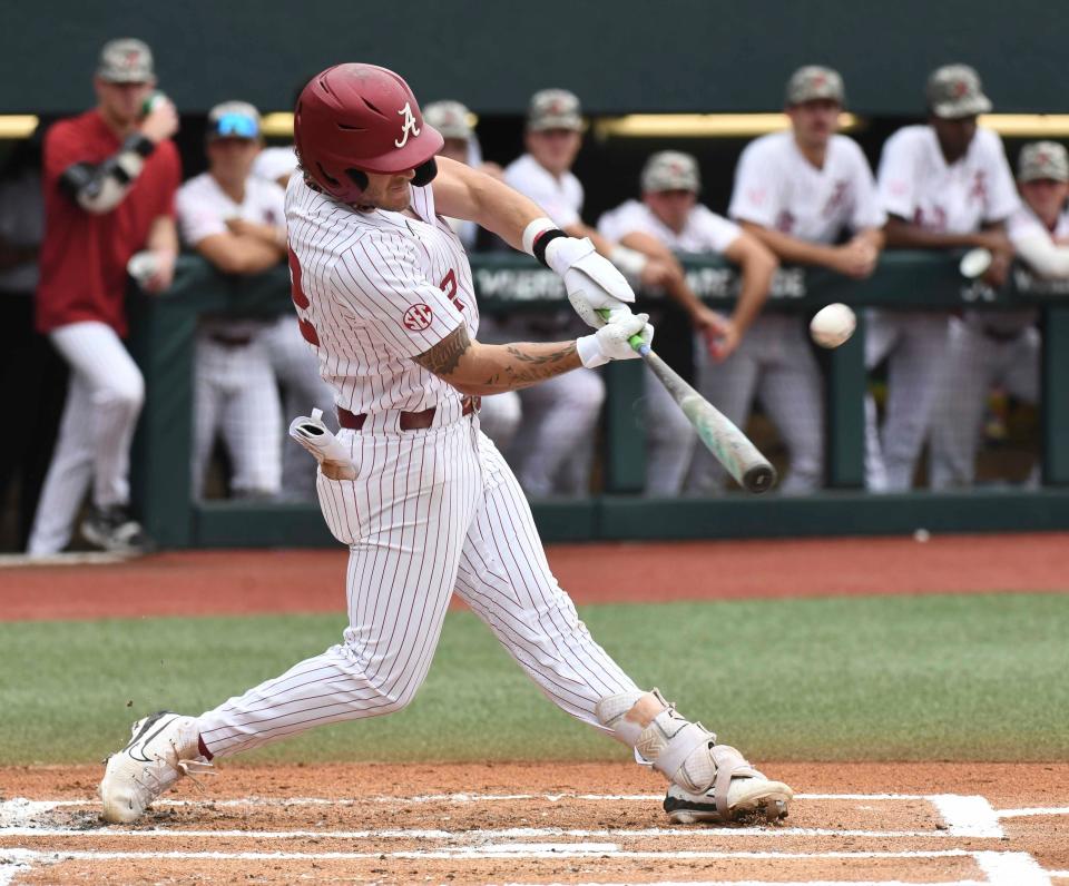 Alabama hitter Gage Miller (12) connects for a home run against Texas A&M at Sewell-Thomas Stadium in the first game of a double header Friday.
