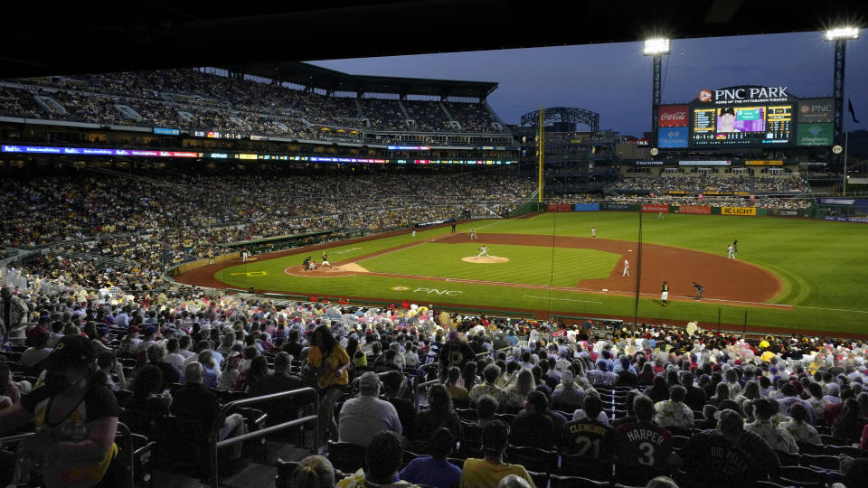 Fans watch a baseball game between the Pittsburgh Pirates and the Philadelphia Phillies in Pittsburgh, Saturday, July 31, 2021. (AP Photo/Gene J. Puskar)