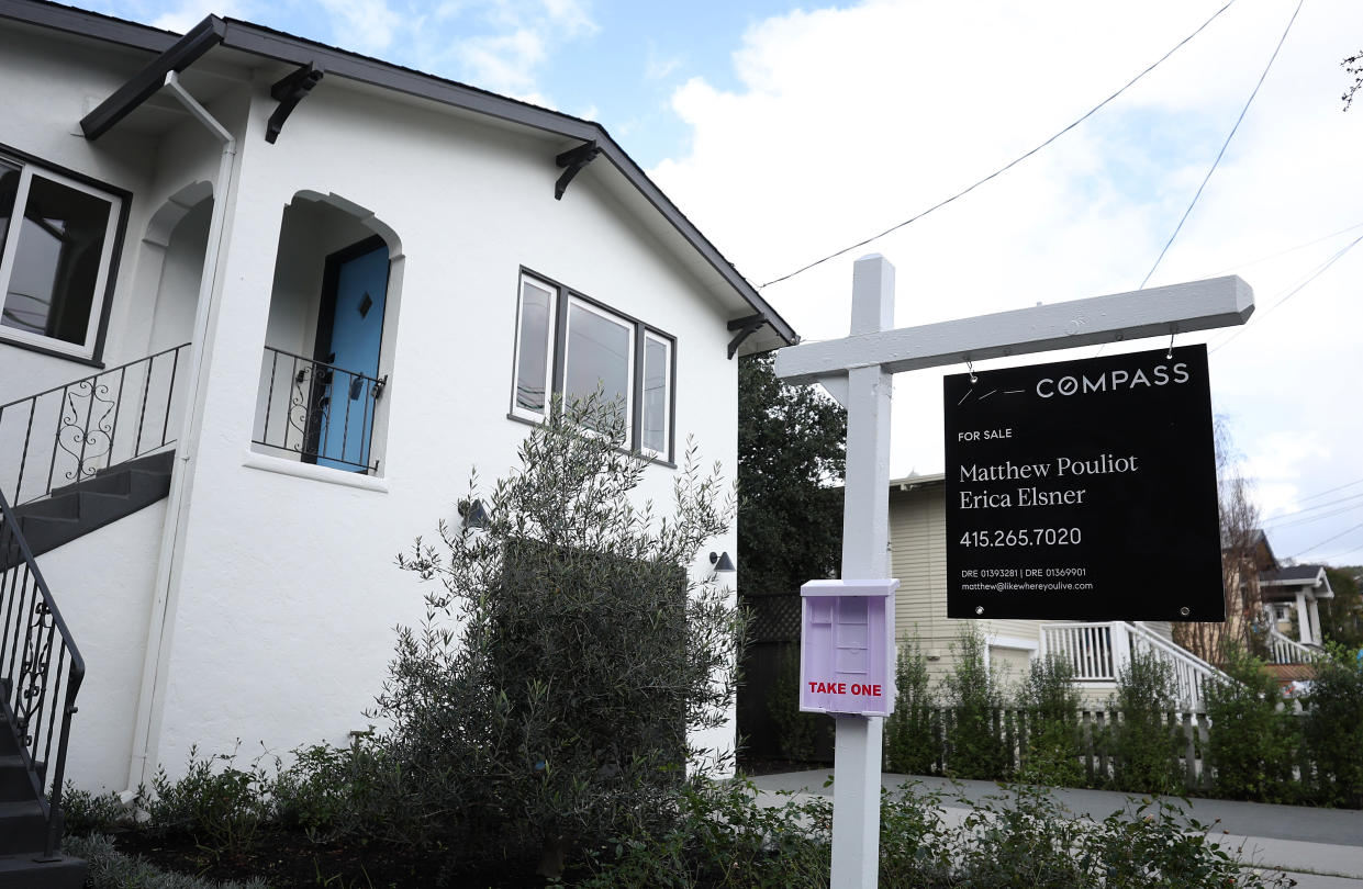 SAN ANSELMO, CALIFORNIA - FEBRUARY 05: A sign is posted in front of a home for sale on February 05, 2024 in San Anselmo, California. According to a report by Mortgage News Daily, the average rate for a 30-year fixed mortgage inched over 7 perent to 7.04 percent today for the first time since December. (Photo by Justin Sullivan/Getty Images)