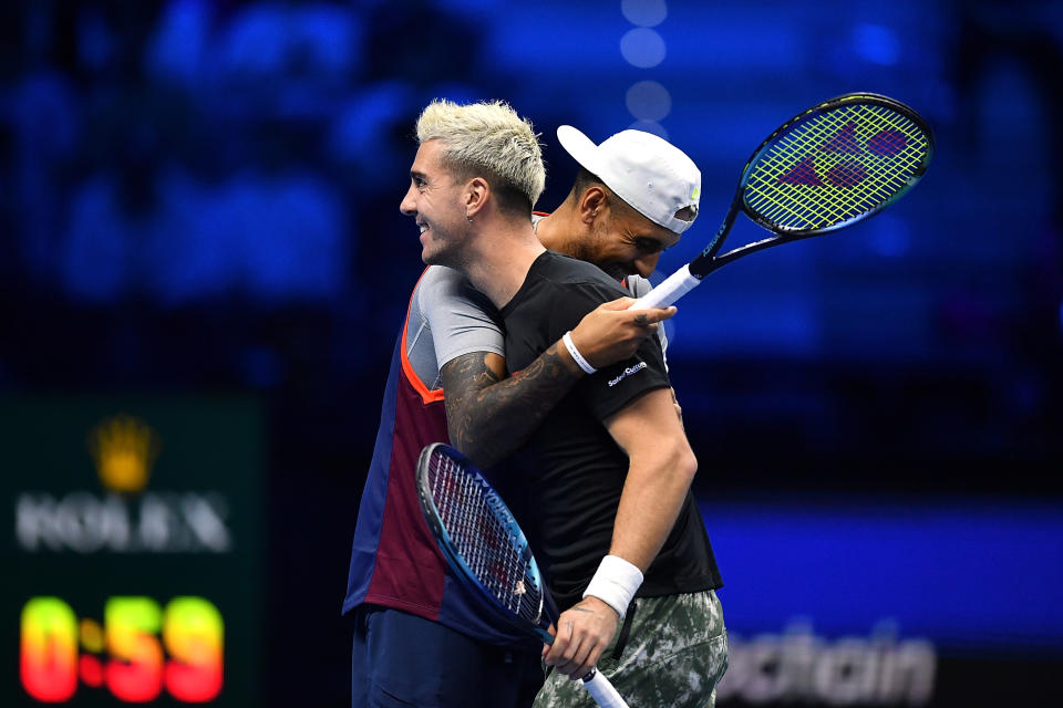 TURIN, ITALY - NOVEMBER 14:  Thanasi Kokkinakis of Australia and Nick Kyrgios of Australia celebrate against Wesley Koolhof of Netherlands and Neal Skupski of Great Britain in the doubles round robin during day two of the Nitto ATP Finals at Pala Alpitour on November 14, 2022 in Turin, Italy.  (Photo by Valerio Pennicino/Getty Images)