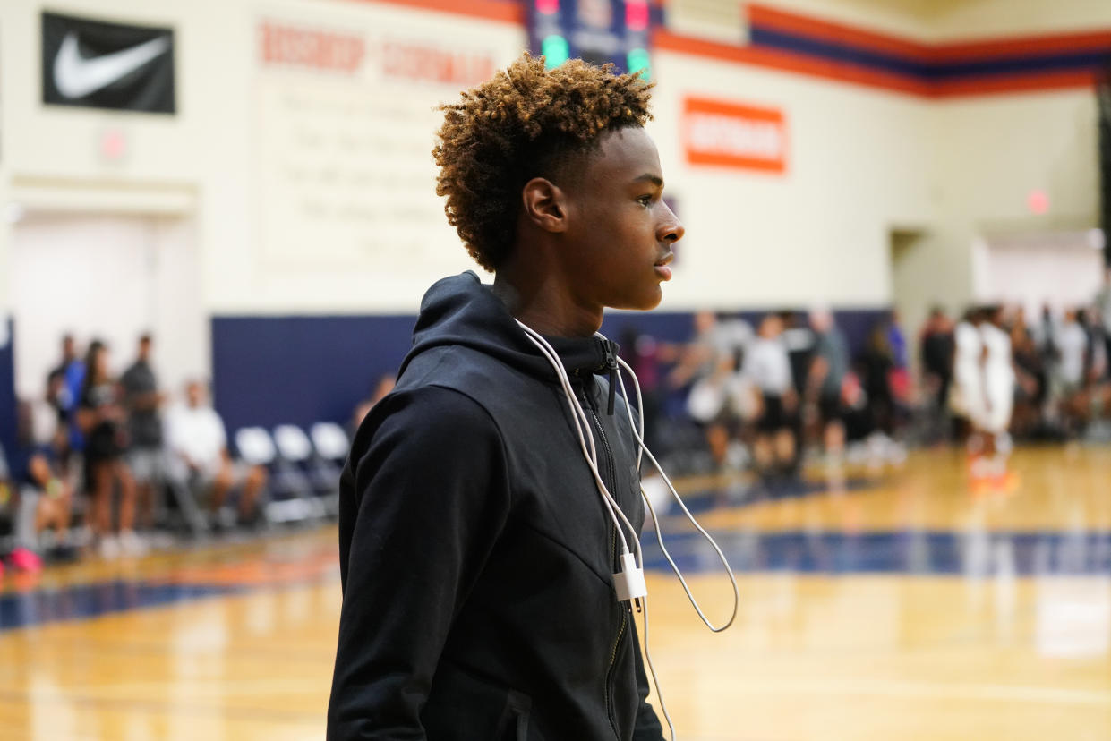 LAS VEGAS, NV - JULY 26:  LeBron James Jr. watches Zaire Wade’s AAU game court side at the Fab 48 tournament at Bishop Gorman High School on July 26, 2018 in Las Vegas, Nevada.  (Photo by Cassy Athena/Getty Images)