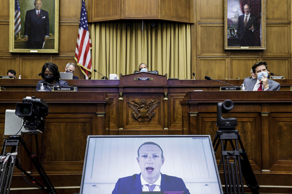 Facebook CEO Mark Zuckerberg speaks via video conference during a House Judiciary subcommittee hearing on antitrust on Capitol Hill on Wednesday, July 29, 2020, in Washington. (Graeme Jennings/Pool via AP)