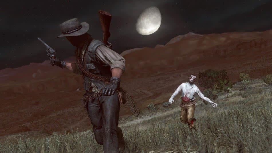 red dead redemption nintendo switch screenshot, john marston runs from a zombie at nighttime