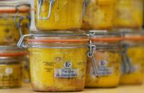 FILE PHOTO: Jars of foie gras made from duck liver are displayed for sale at a poultry farm in Doazit, southwestern France