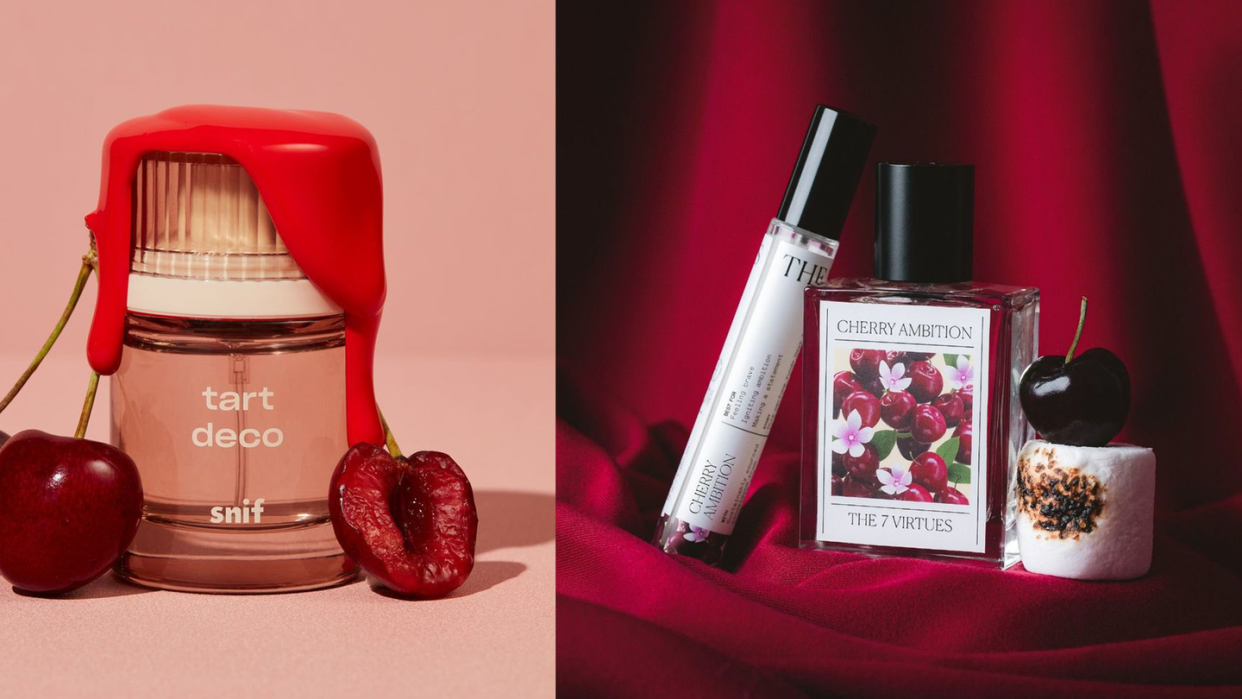 perfume bottles and cherries