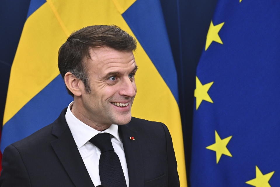 French President Emmanuel Macron holds a press conference with Sweden's Prime Minister Ulf Kristersson in Stockholm, Sweden, Tuesday Jan. 30, 2024. France’s President Emmanuel Macron started a two-day state visit in Stockholm during which he will meet Swedish prime minister, Ulf Kristersson, and the country’s monarch, King Carl XVI Gustaf. (Claudio Bresciani/TT via AP)