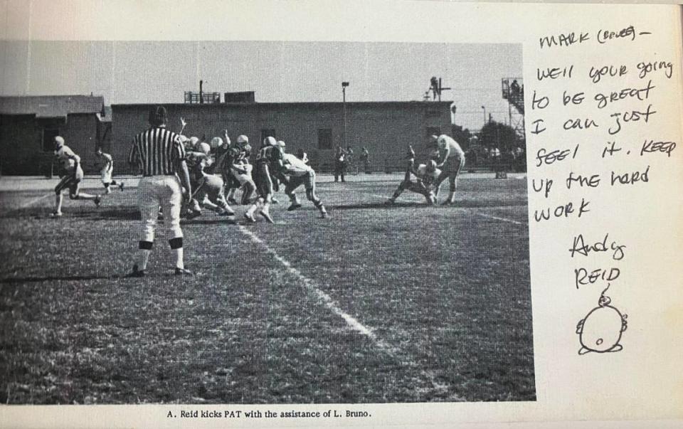 Andy Reid’s high school yearbook message to friend Mark LaBonge, complete with a little doodle signature Reid used to do.