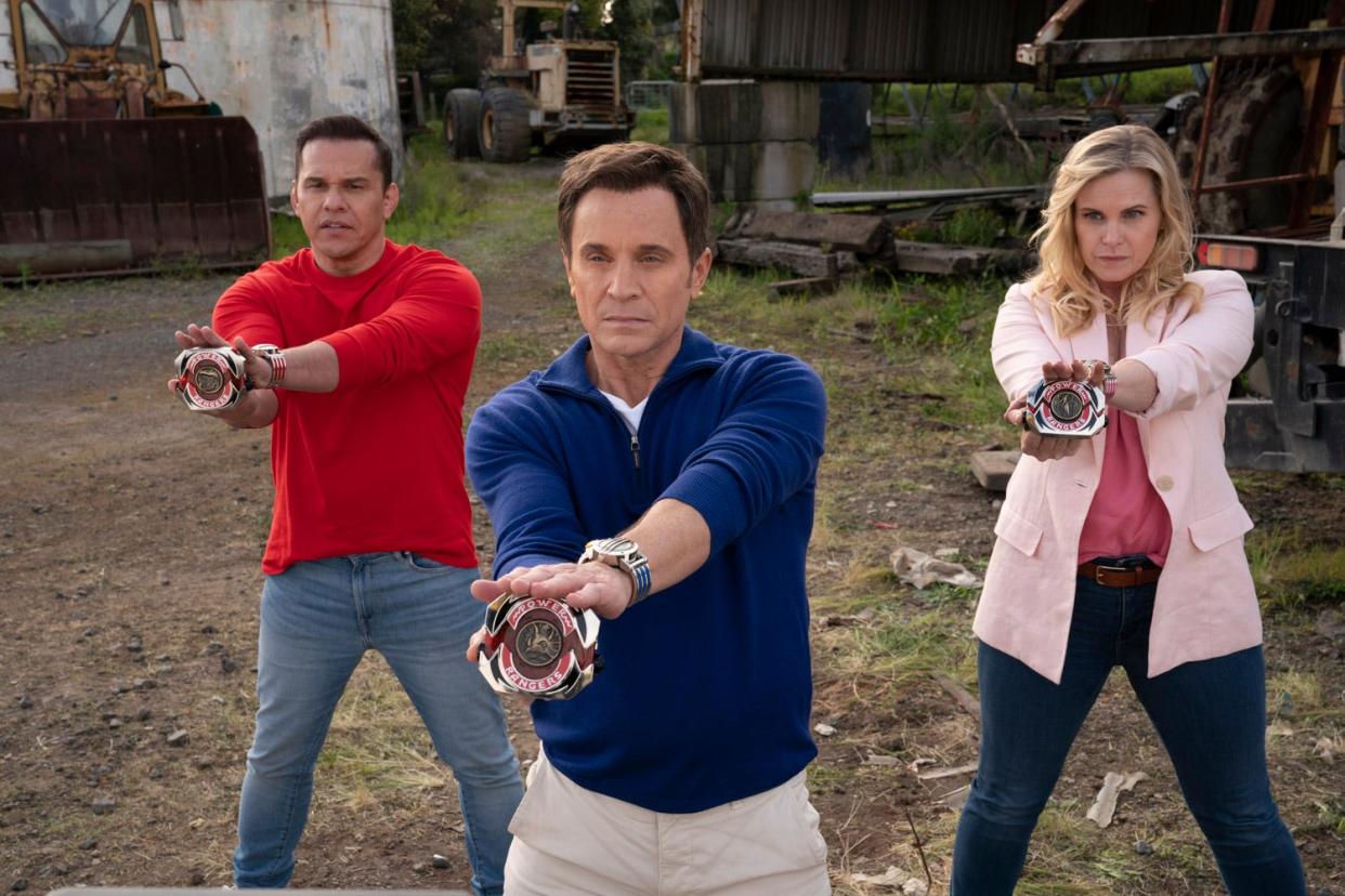Steve Cardenas as the Red Ranger, David Yost as the Blue Ranger and Catherine Sutherland as the Pink Ranger in "Mighty Morphin Power Rangers: Once & Always."