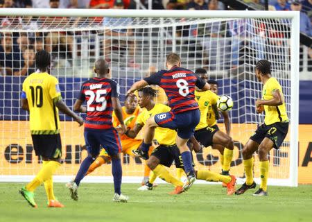 Jul 26, 2017; Santa Clara, CA, USA; United States forward Jordan Morris scores a goal in the second half against Jamaica during the CONCACAF Gold Cup final at Levi's Stadium. Mandatory Credit: Mark J. Rebilas-USA TODAY Sports