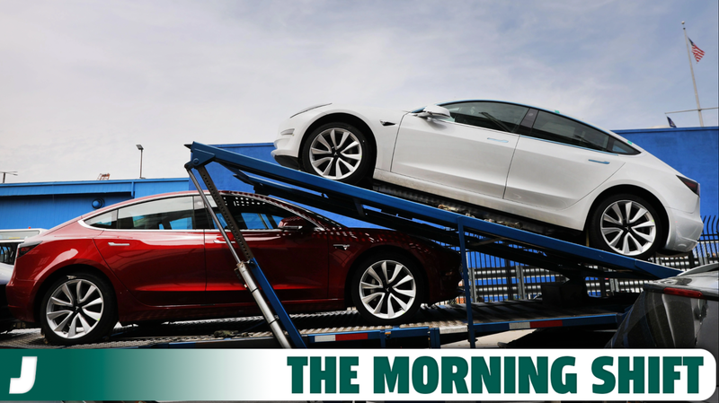 Tesla cars are delivered to a showroom in Brooklyn on April 25, 2019 in New York City.