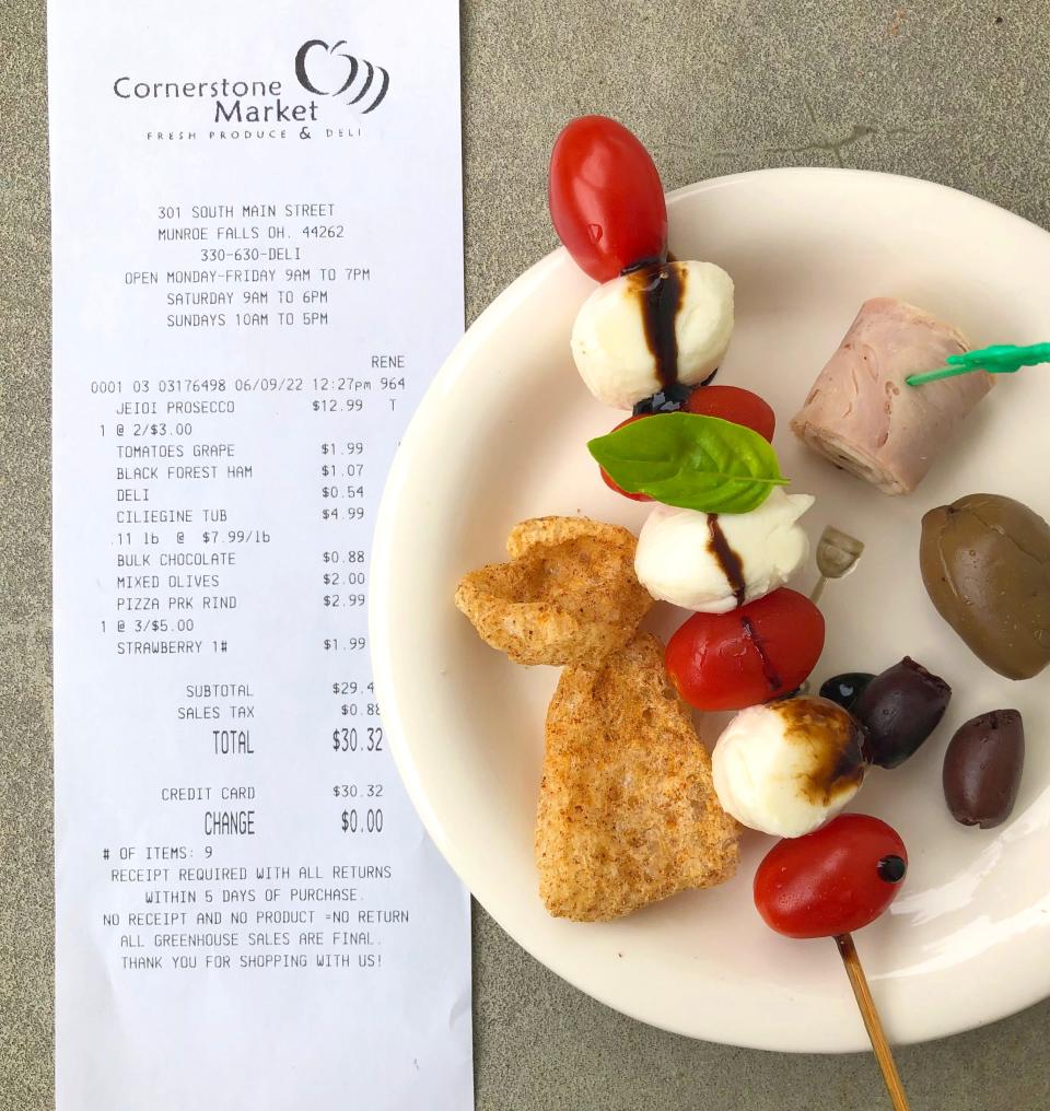 A $30 charcuterie board, including the bottle of prosecco, made from items purchased at Cornerstone Market in Munroe Falls.