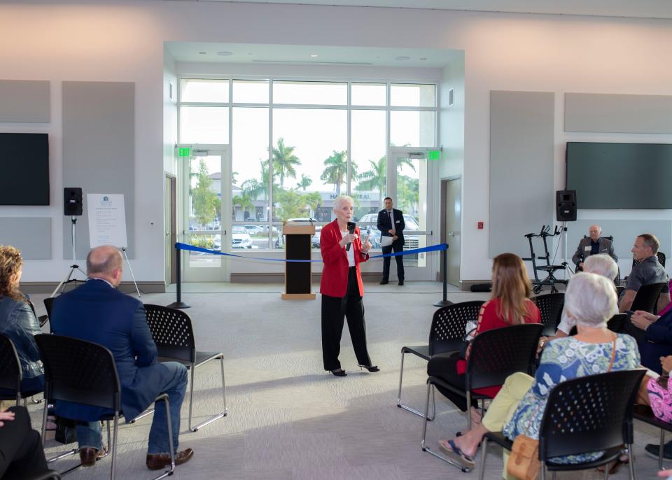 Nancy Lascheid, co-founder of Neighborhood Health Clinic, addresses supporters to celebrate completion of multi-year expansion and the opening of the Van Domelen Education and Wellness Building on Nov. 9, 2021. (Photo submitted)