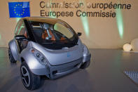 BRUSSELS, BELGIUM - JANUARY 24: The first prototype of the HIRIKO electric car, during the global launch of Hiriko Driving Mobility, at the EU Commssion headquarters on January 24, 2012 in Brussels, Belgium. The electronic eco-friendly vehicle will be manufactured in deprived areas of cities who take up Hiriko's "social purpose" model. Malmo in Sweden has already signed up to trial Hiriko with Berlin, Barcelona, Vitoria-Gasteiz (the second largest Basque city), San Francisco, and Hong Kong expected to follow suit. (Photo by Geert Vanden Wijngaert/Getty Images)