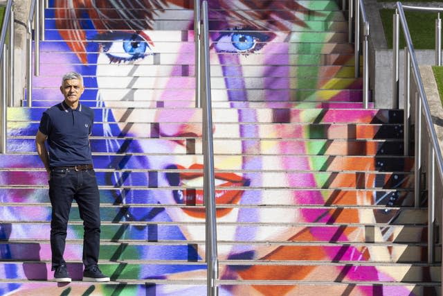 The Mayor of London Sadiq Khan stands at the foot of the Swiftie Steps