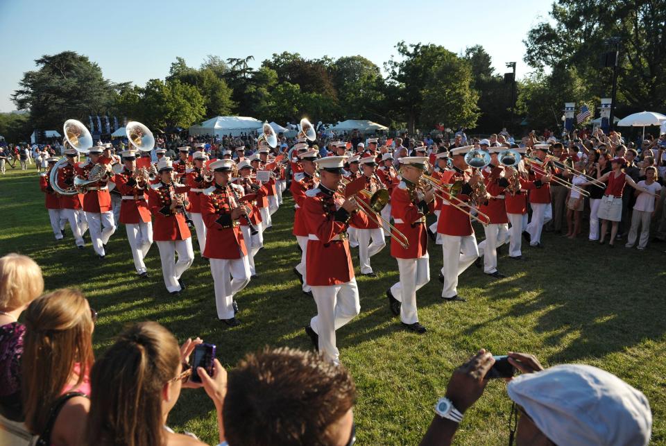 The Marine Band performs in 2010 on the South Lawn of the White House. It has been a fixture at holiday celebrations since the 19th century.