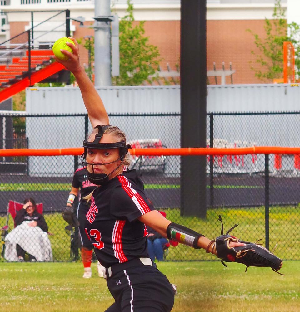 Cassidy Machado who was the starting pitcher for the Middleboro Sachems, pitched a strong complete game, allowing 6 scattered hits, 2 runs, with 9 strikeouts and 2 walks in the tourney game against Hanover on Monday, June 5, 2023. She also went 3-4 at bat with 2 doubles.