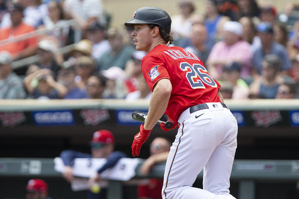 Minnesota Twins' Max Kepler watches his RBI-single against the Colorado Rockies in the first inning of a baseball game Sunday, June 26, 2022, in Minneapolis. (AP Photo/Andy Clayton-King)