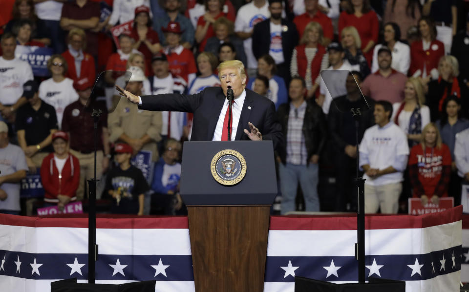 President Donald Trump speaks during a campaign rally, Monday, Oct. 22, 2018, in Houston. (AP Photo/Eric Gay)