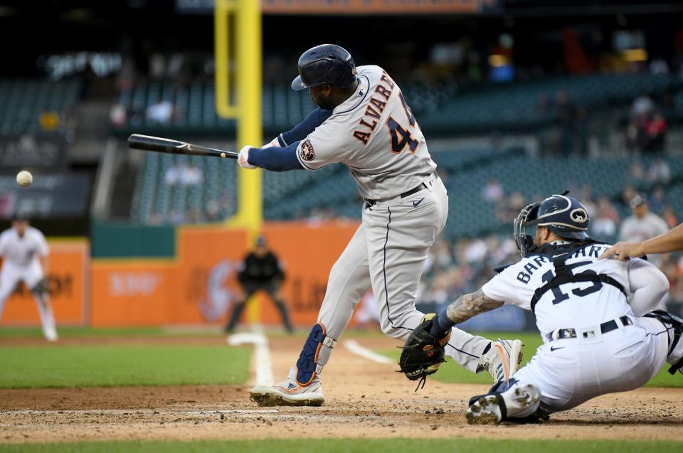 Astros left fielder Yordan Alvarez hits a double against the Tigers in the third inning on Tuesday, Sept. 13, 2022, at Comerica Park.