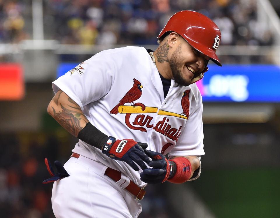 <p>National League catcher Yadier Molina (4) of the St. Louis Cardinals reacts as he rounds the bases after hitting a solo home run in the sixth inning during the 2017 MLB All-Star Game at Marlins Park. (Steve Mitchell-USA TODAY Sports) </p>