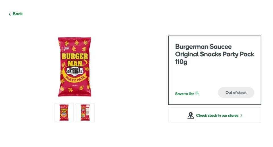 Burger Man chips shown on Woolworths website and app