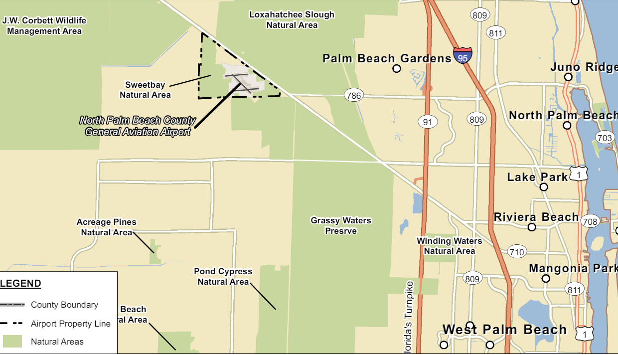 Map shows location of North County Airport, a reliever airport for Palm Beach International Airport (PBI). County officials are looking to expand a runway at North County to divert small jets from PBI to North County.