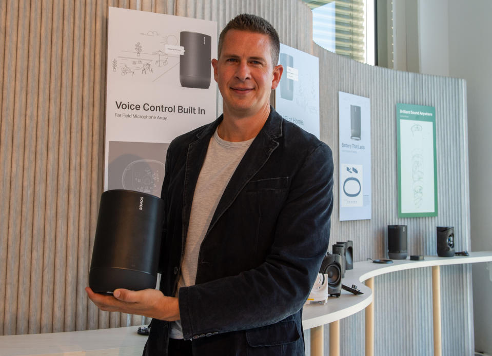 04 September 2019, Berlin: The head of loudspeaker specialist Sonos, Patrick Spencer, will present the new Move model at the IFA technology trade fair. It is the company's first device that can also be used outside your own four walls, because it supports Bluetooth wireless connection directly to the smartphone. (to dpa "Sonos becomes mobile with Bluetooth speaker") Photo: Andrej Sokolow/dpa (Photo by Andrej Sokolow/picture alliance via Getty Images)