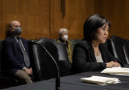 Katherine Tai, nominee for U.S. trade representative, speaks during a Senate Finance Committee hearing on Capitol Hill, in Washington, Thursday, Feb. 25, 2021. (Bill O'Leary/The Washington Post via AP, Pool)