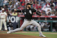 Chicago White Sox starting pitcher Michael Kopech throws to a Los Angeles Angels batter during the first inning of a baseball game Wednesday, June 29, 2022, in Anaheim, Calif. (AP Photo/Jae C. Hong)