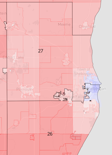 The current state Assembly map shows Sheboygan's Democratic precincts being cracked into Districts 26 and 27
