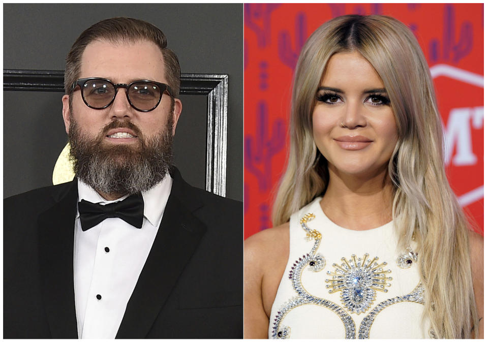 This combination photo shows songwriter and producer busbee, whose real name was Michael James Ryan, at the 59th annual Grammy Awards in Los Angeles. on Feb. 12, 2017, left, and singer Maren Morris at the CMT Music Awards in Nashville, Tenn. on June 5, 2019. As the most-nominated act at an event for a music genre dominated by its male performers, Morris has become one of the key female faces of country music. She will pay tribute to her producer busbee, who died in September at age 43 and shares two nominations with Morris for his work on her acclaimed project, “GIRL.” (AP Photo)