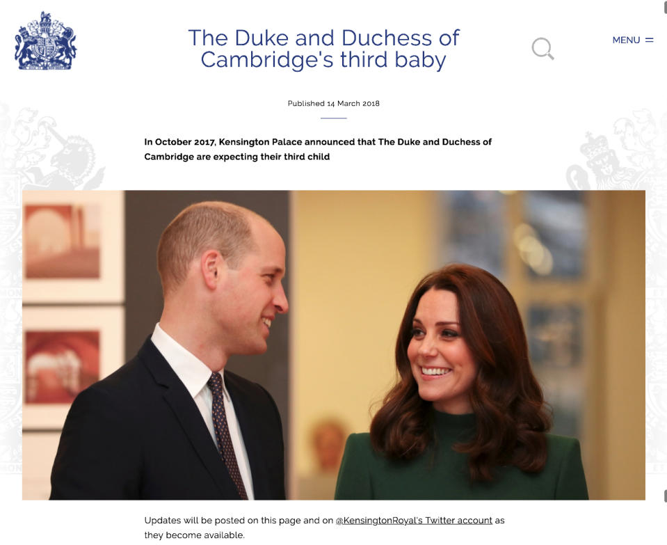 Die Webseite zeigt vorerst nur ein Bild der werdenden Eltern. (Bild: Screenshot www.royal.uk/baby)