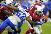 Los Angeles Rams linebacker Terrell Lewis (52) sacks Arizona Cardinals quarterback Kyler Murray (1) during the first half of an NFL football game, Sunday, Sept. 25, 2022, in Glendale, Ariz. (AP Photo/Ross D. Franklin)