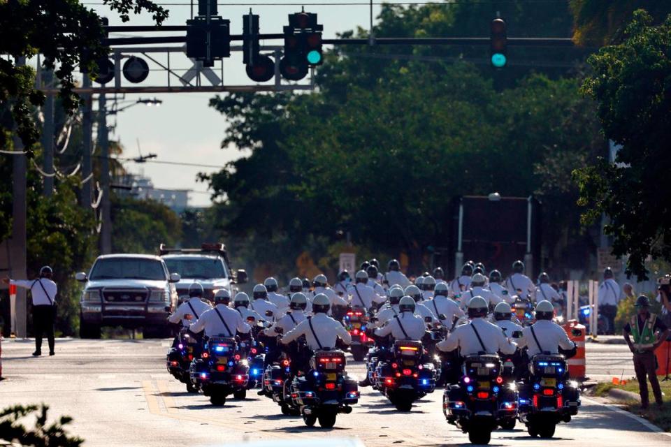 The funeral procession for Broward Sheriff Fire Rescue Battalion Chief Terryson Jackson leaves the L.C. Poitier Funeral Home in Pompano Beach on Friday, Sept. 8, 2023. Jackson died in a helicopter crash on Monday, Aug. 28, when he and two BSFR colleagues were returning to the airport after responding to an emergency call. (Amy Beth Bennett / South Florida Sun Sentinel)