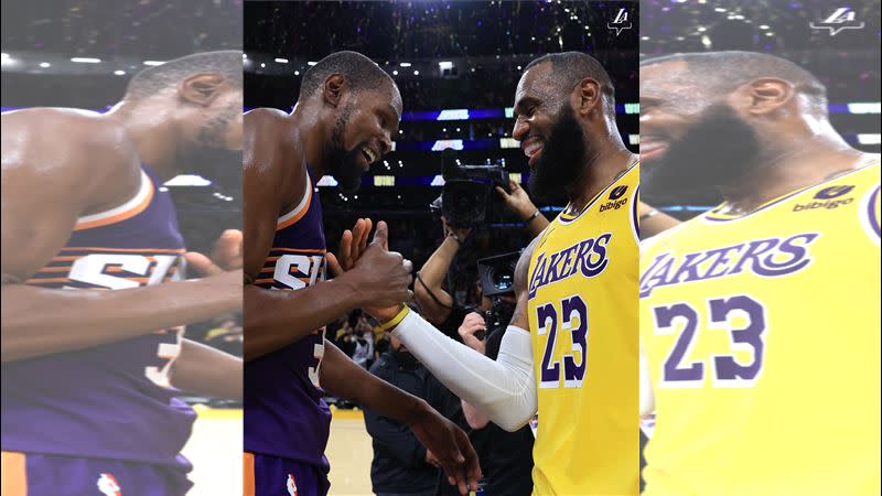 杜蘭特（Kevin Durant）、詹姆斯（LeBron James）相隔5年例行賽碰頭。（圖／翻攝自湖人X）