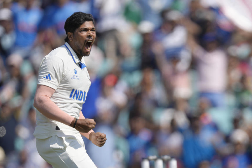 India's Umesh Yadav celebrates after taking the wicket of Australia's Marnus Labuschagne on the fourth day of the ICC World Test Championship Final between India and Australia at The Oval cricket ground in London, Saturday, June 10, 2023. (AP Photo/Kirsty Wigglesworth)